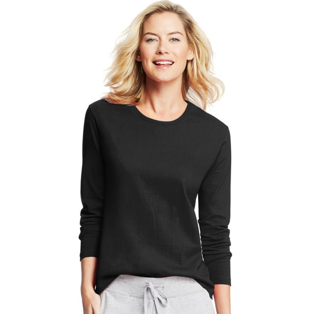 Hanes T-Shirt Col Rond à Manches Longues pour Femmes, 2TG, Ébène