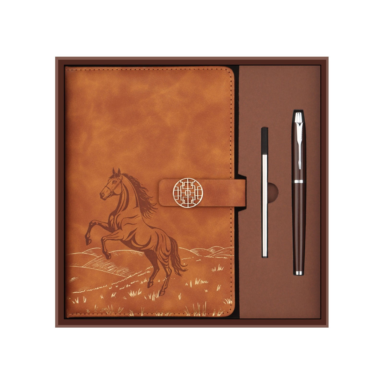 CSSJKYJ A5 Lined Leather Journal Notebook with Pen Set,9x9inch Vintage Hardcover Diary A5 Notebook with Magnetic Closure, Classic Business Gift Box Bag Set for Christmas Birthday(Browm）