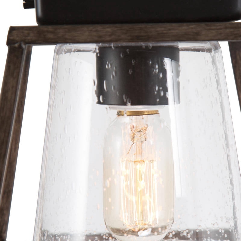 LNC 8-in Grayish Brown Wood and Black Seeded Glass Square LED Farmhouse Flush Mount Light