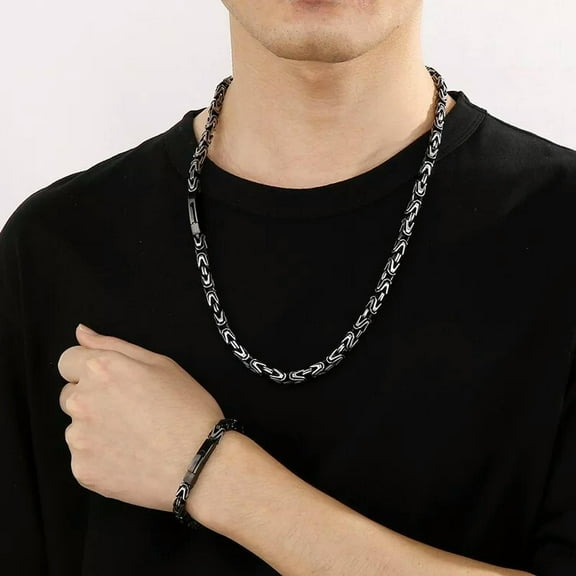 HOOUN Mens Jewelry Set Stainless Steel Sandy Black Byzantine Chain Necklace Bracelet