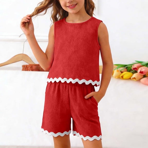 ITSAME Girls Outfit Sets, Crewneck Tank Tops and Shorts Ruffled Hem Summer Casual Clothes 2-Piece Red Size 6