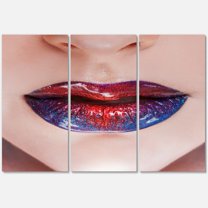 Designart ' Beautiful Women Lips With Red and Blue Lipstick ' Modern Canvas Wall Art Print