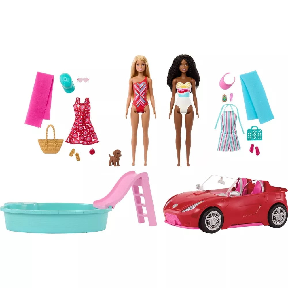 Barbie Playset with 2 Fashion Dolls, Convertible Toy Car, Pool with Slide & 15 Accessories Including Pet