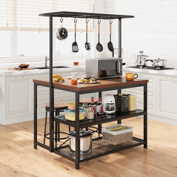 Homhougo kitchen Island, Bakers Rack, Island Table for Kitchen,3 Tier Microwave Stand Oven Shelf with Storage,Large Coffee Bar Table, Storage Shelf for Kitchen Dining Room,5 Hooks,42"*28"*72"