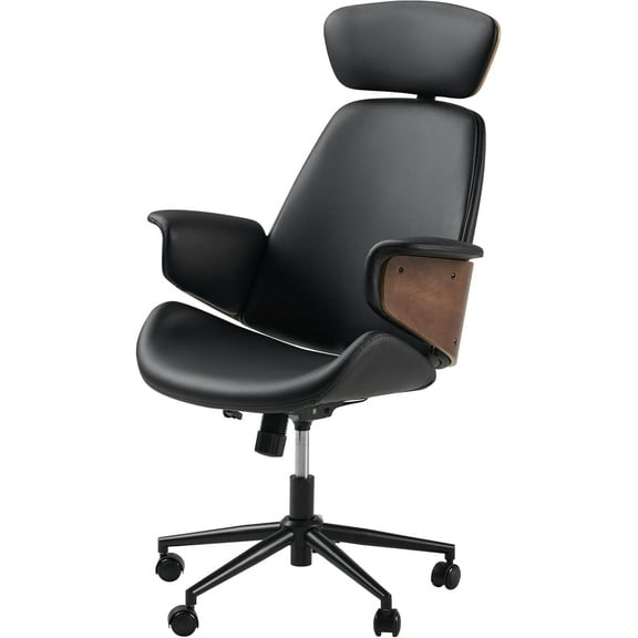 Papajet Home Office Chair with Bentwood Arms, PU Leather Swivel Desk Chair, Black