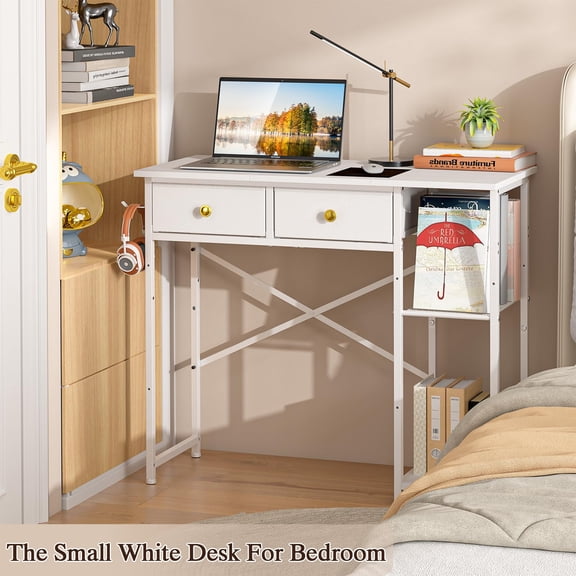 White Home Office Desk with 2 Drawers, 36 Inch Writing Table for Bedroom