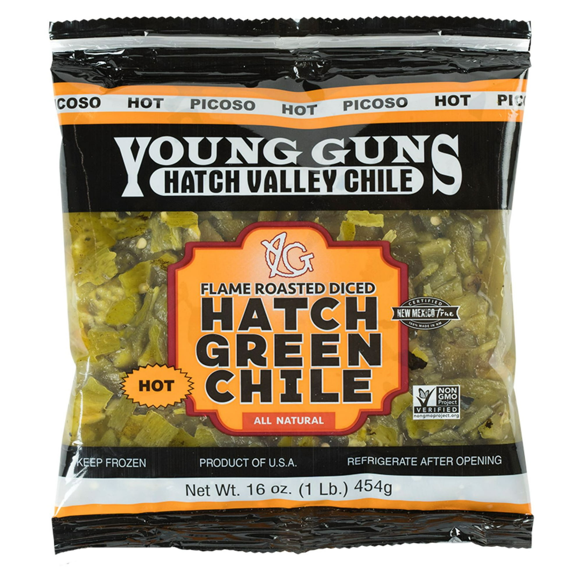 Young Guns Hatch Valley Flame Roasted, Diced Hatch Green Chile (Hot), Frozen 16 oz Bag
