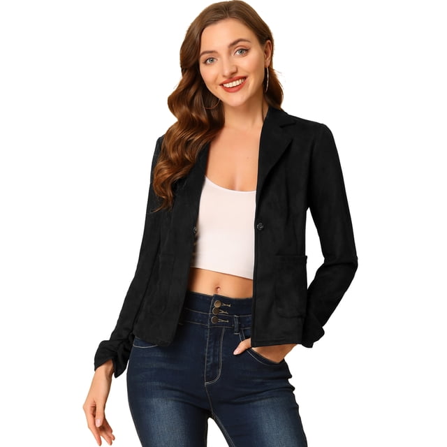 INSPIRE CHIC Chaqueta de gamuza sintética con cordón delantero abierto informal de manga larga para mujer Negro XS