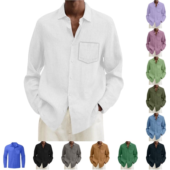 Gunia Linen Button Down Shirt Men Summer Solid Casual Plus Size Loose Shirt Mens Turn Down Long Sleeve Shirt Tops Tshirt For Men White 2Xl