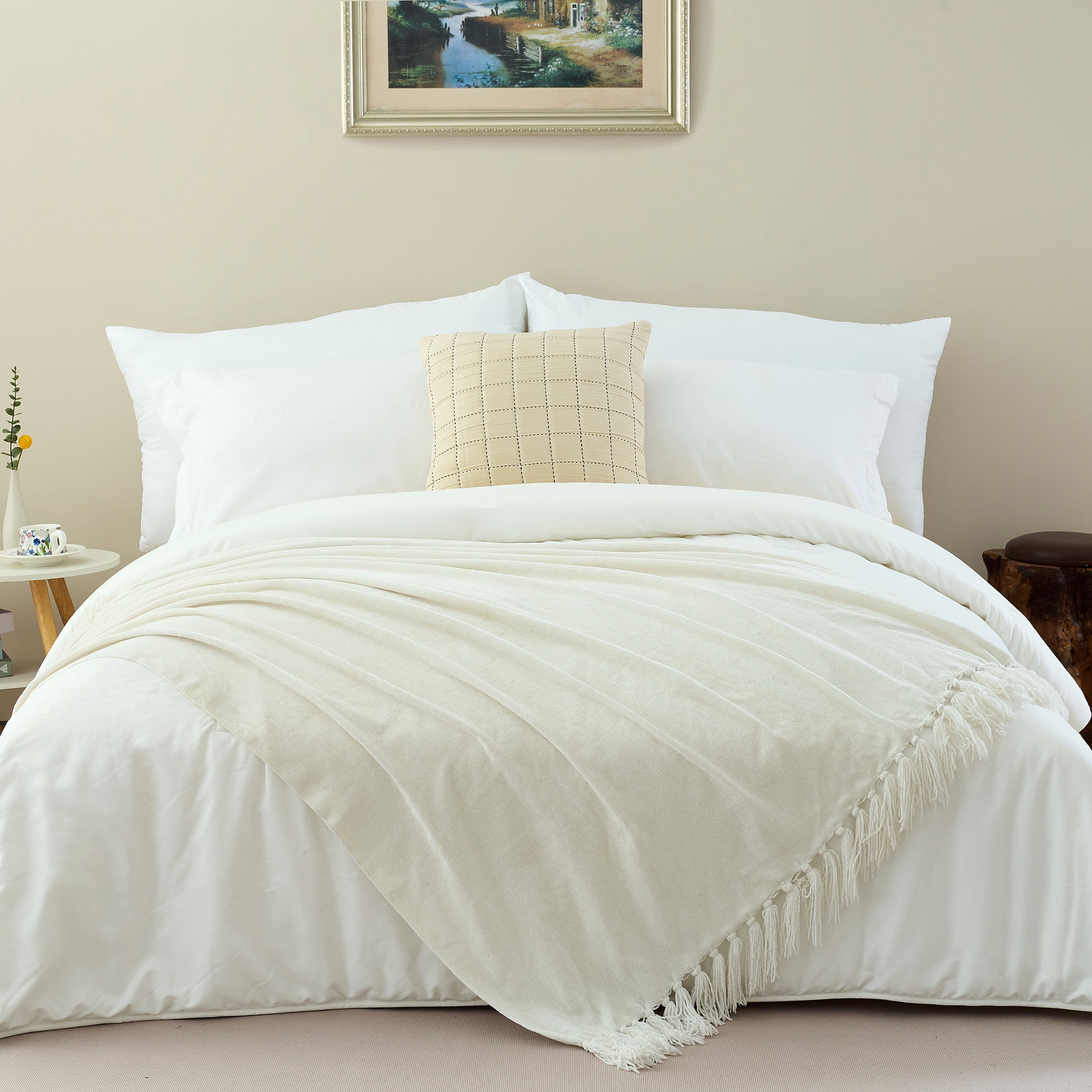 LONG CREATE Chenille Throw Blanket with Fringe Tassel for Couch Sofa Chair Bed, White 60" x 80"