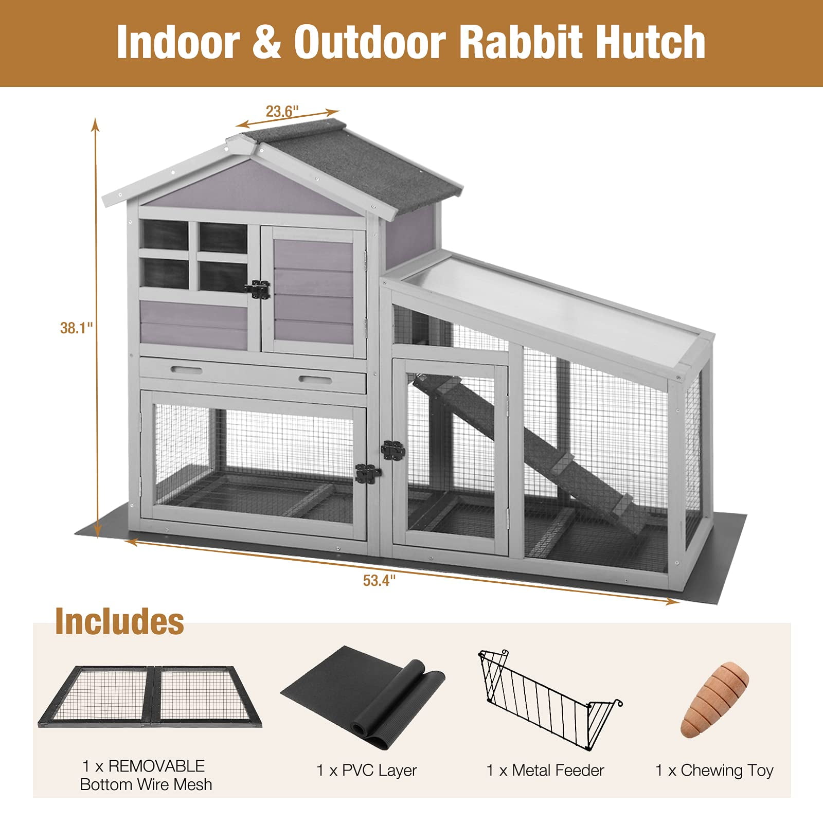MEDEHOO Wooden Rabbit Hutch - Outdoor/Indoor Bunny Cage with Run, Pull-Out Upper Tray, 51.6"L x 25.2"W x 36.2"H, Grey