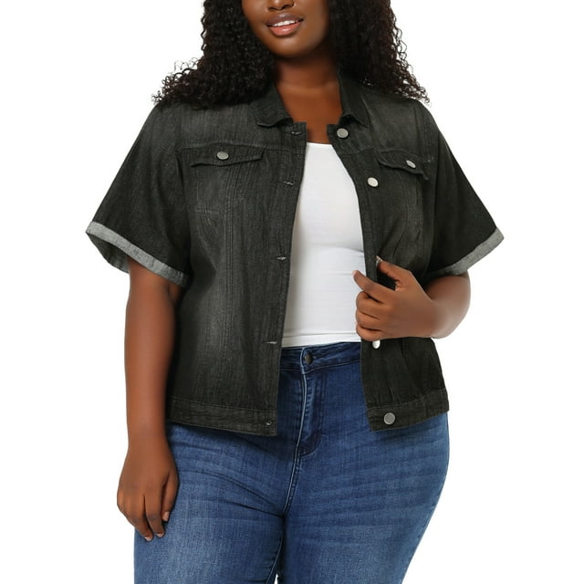 GRACE & GRANDEUR Women's Plus Size Fall Button Down Crop Jean Trucker Denim Jacket