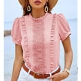 thumbnail image 2 of Women Short Sleeve Top Pleated Ruffle Front Frill Trim Neck Pure Color Stylish Women Shirt Top for Daily Party Dating Pink XL, 2 of 6
