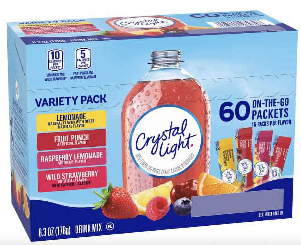 Crystal Light Sugar-Free, Lemonade, Fruit Punch, Raspberry Lemonade and Wild Strawberry On-The-Go Powdered Drink Singles Mix Variety Pack, 60 Count, Each Packet Dissolves into any 16.9 oz. Packaged by