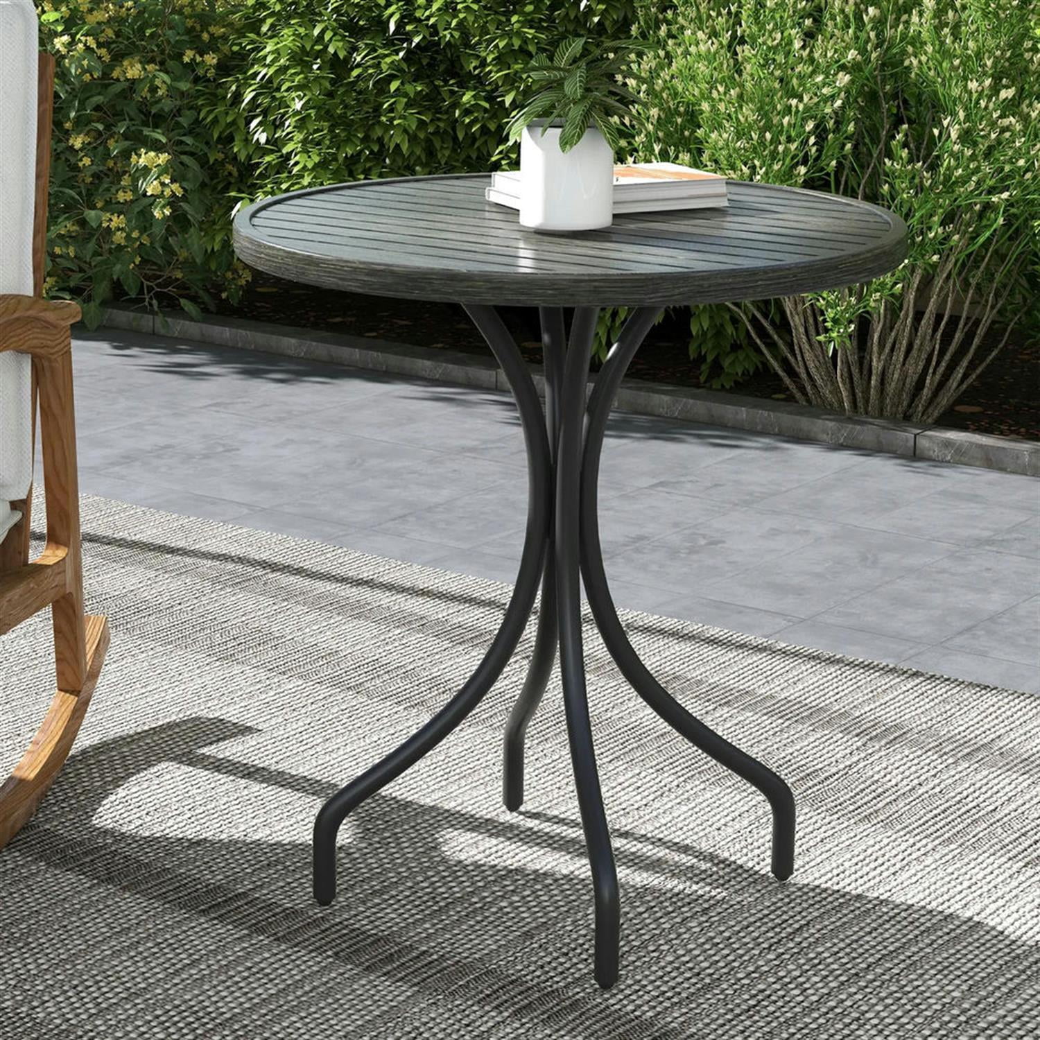 Demi Bonn 26" Round Outdoor Side Table, Steel Frame Slat Top, Garden Backyard for Outdoor Dining, Gray