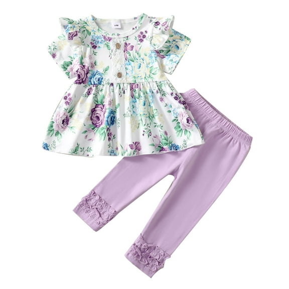 Infant Baby Girls Clothes Baby Girls Outfits Ruffle Short Sleeve Round Neckline Floral Top Pants 2PCS Girls Clothing Set Purple 6-9 Months