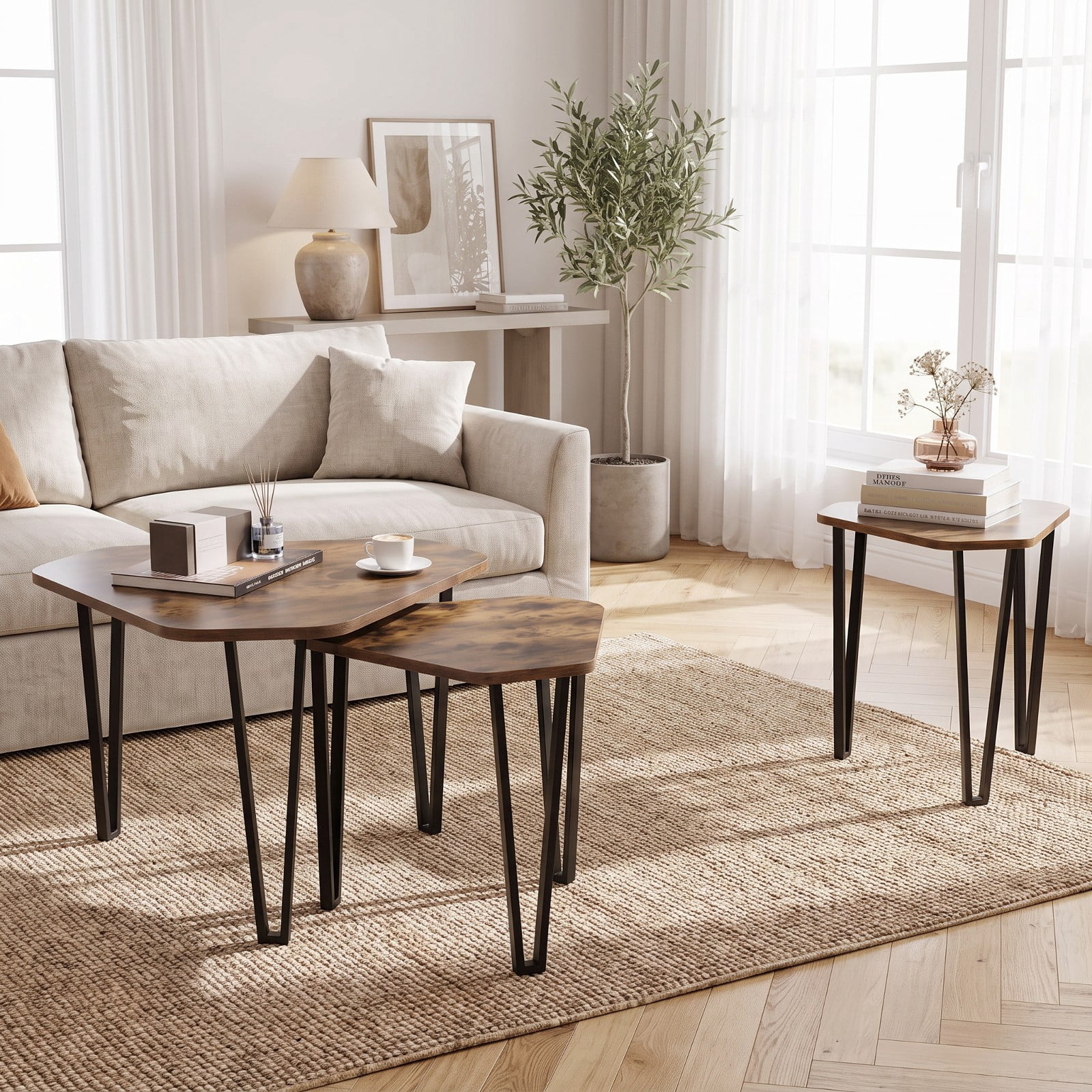 Furnibear Set of 3 Nesting Coffee Tables with Engineered Wood Top and Metal Frame for Living Room Bedroom and Guest Room, Rustic Brown