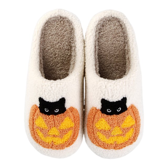 Halloween Flat Slippers Pumpkin Cat Pattern Slip-On House Zapatos (37-38)