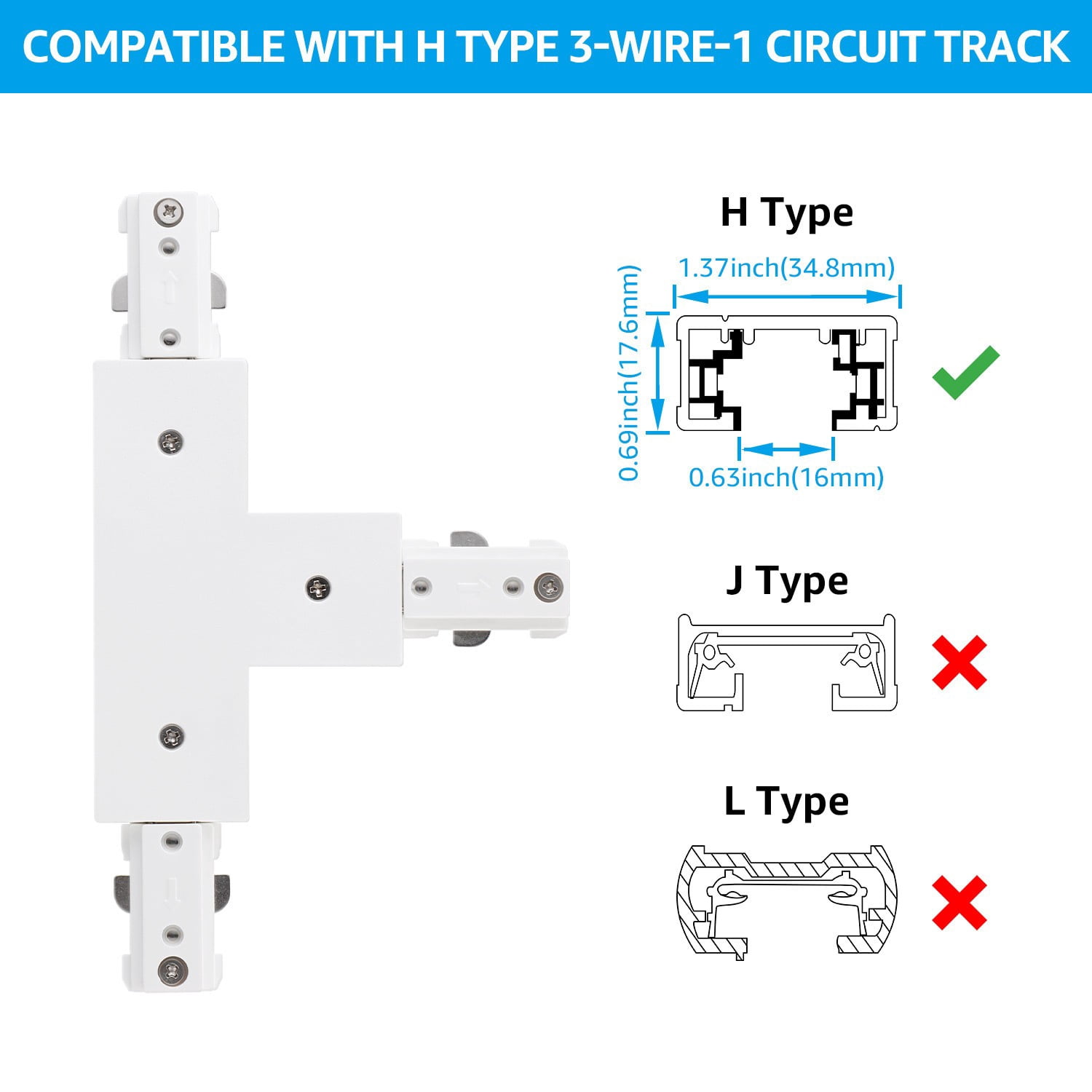 H Track T Connector, H Type Single Circuit 3-Wire-1 Track Lighting Kit, Corner Joiner, UL Listed, Flame Retardant Material, for H Track System, 3 Years Warranty, 120V, White