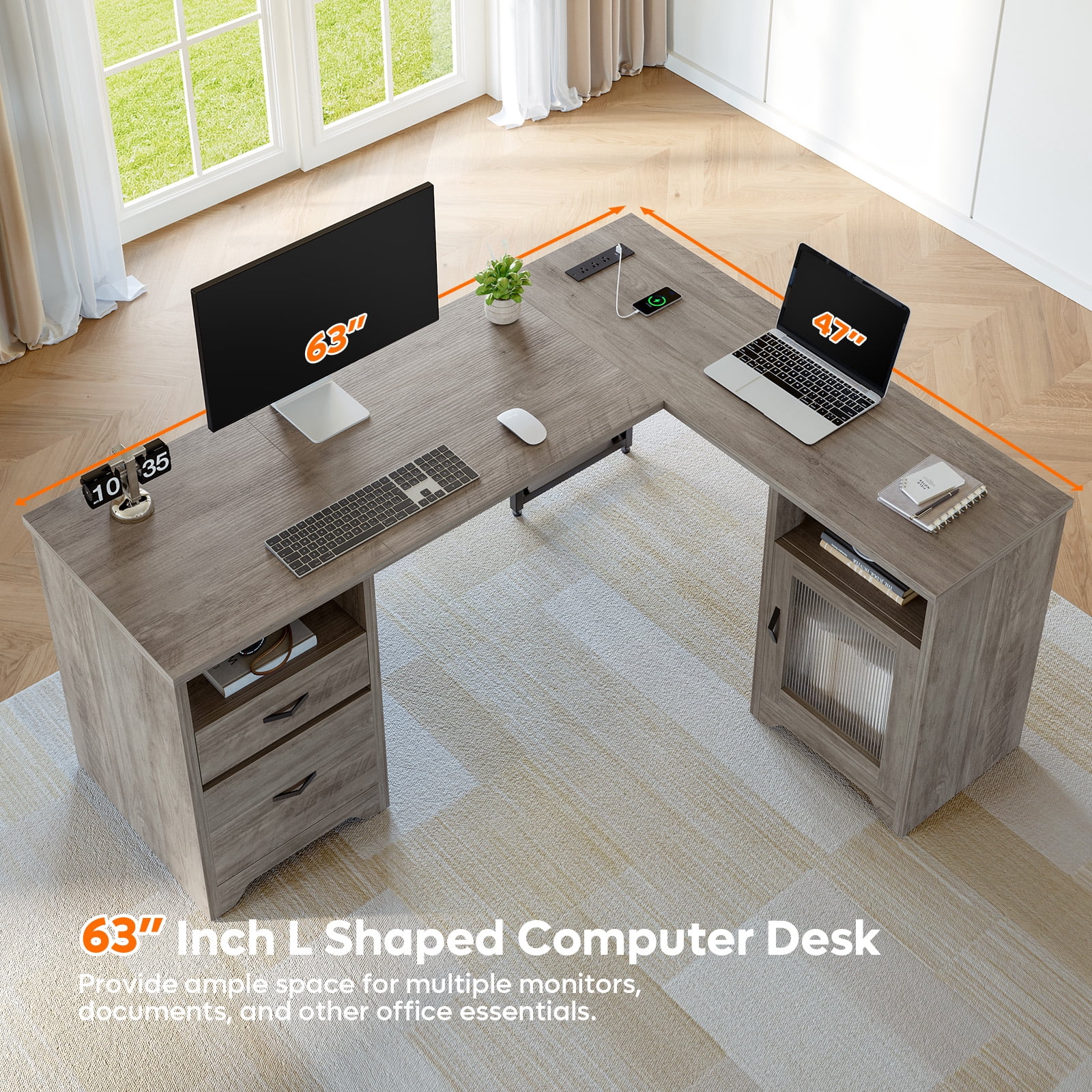 Bestier Farmhouse L Shaped Desk with Drawers, 63"Office Computer Desk with Charging Station & Fluted Storage Cabinet, Corner Desk with File Drawers, Modesty Panel for Home Office, Grey