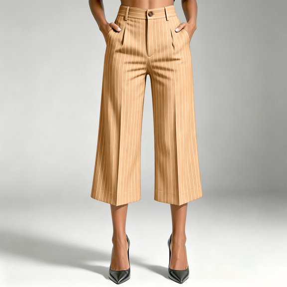 Oiangi Women's Capri Dress Pants Striped High Waisted Wide Leg Capris Casual Business Office Cropped Trousers with Pockets Khaki M