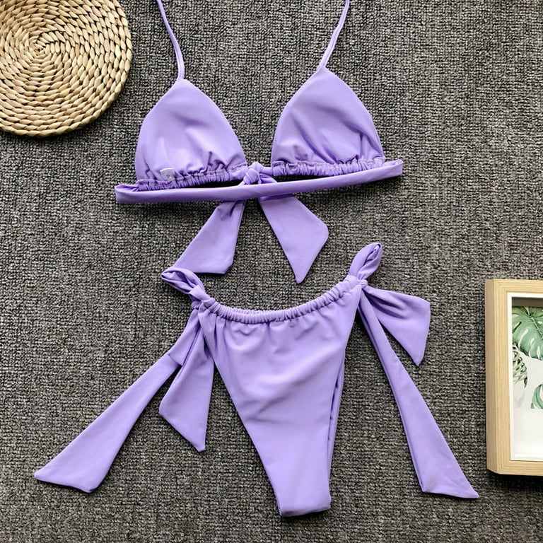 zuwimk Womens Bikini,Women's Lace Up Bikini Set Beach Low Rise Swimwear  Cutout Adjustable Straps Purple,S