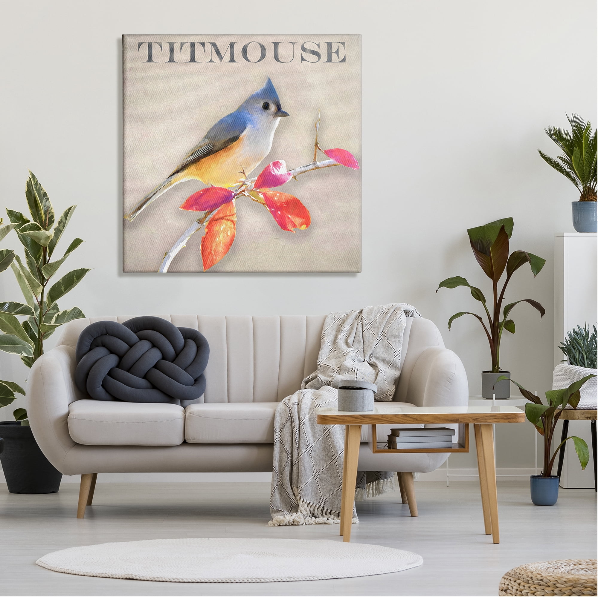 Stupell Industries Titmouse Bird Perched Vivid Plant Leaves Typography Graphic Art Gallery Wrapped Canvas Print Wall Art, Design by Alpenglow Workshop