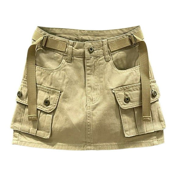 HJYCHN Women Low Waist Denim Cargo Mini Skirt with Belt A-line Casual Solid Design for Daily Wear Outfits Khaki XS
