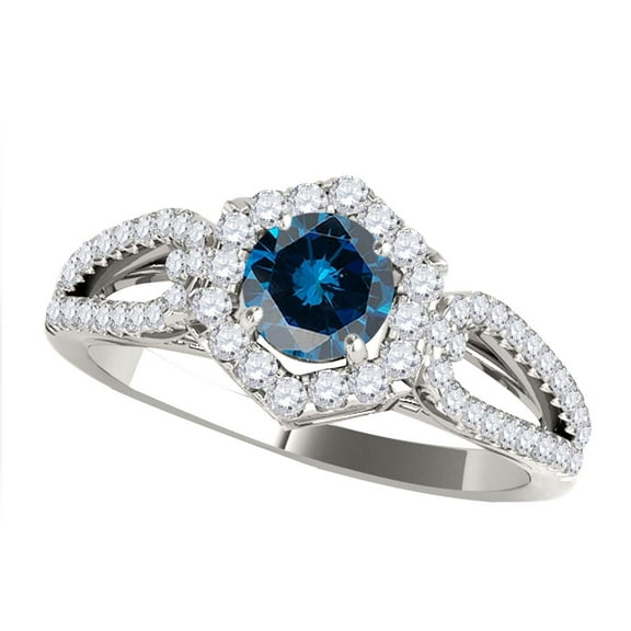 Mauli Jewels Engagement Rings for Women 1.35 Carat Halo Blue Diamond Engagement Ring Crafted 4 Prong-Setting 14k Solid White Gold