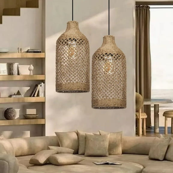 LittleGlovo Boho Rattan Pendant Light Fixtures, Farmhouse Natural Ceiling Chandelier Lighting,Retro Wicker Hanging Lamp for Kitchen Dining Room