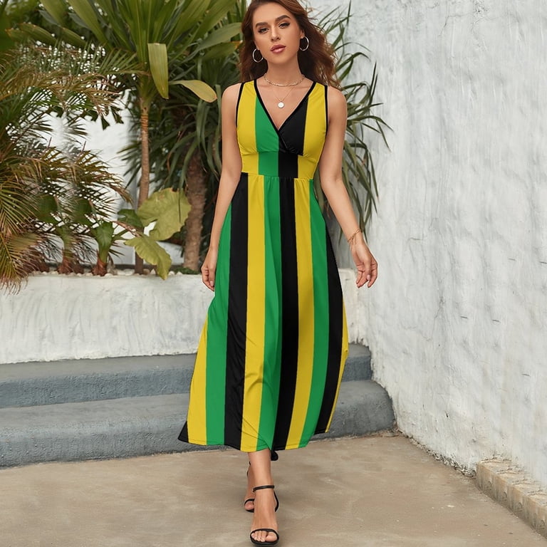 chinese dress ladies Yellow Striped Sleeveless Maxi Dress main image 1