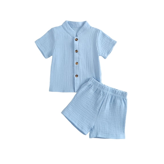 BemeyourBBs Toddler Baby Boy Summer Clothes 2 Pieces Cotton Linen Outfit Solid Color Mock Neck Short Sleeve Button Down Shirt and Shorts Set