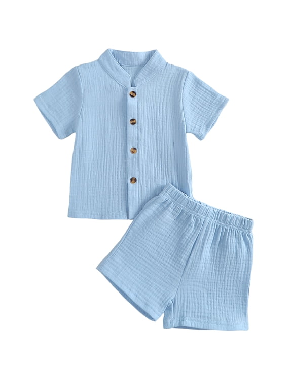 Toddler Baby Boy Summer Clothes 2 Pieces Cotton Linen Outfit Solid Color Mock Neck Short Sleeve Button Down Shirt and Shorts Set