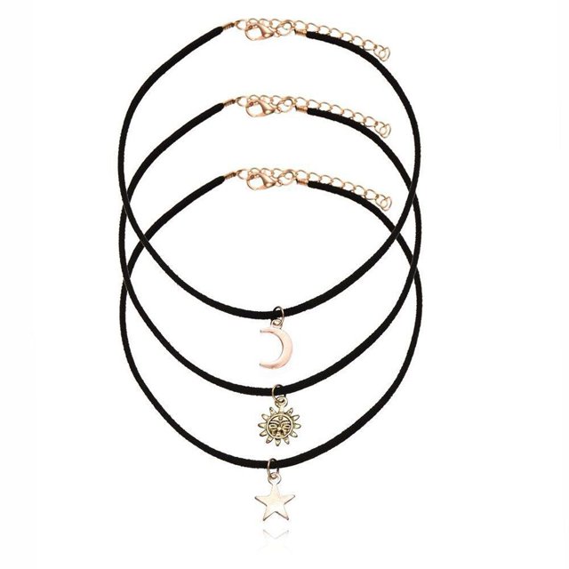 Collares de cuello gargantilla de cuerda de terciopelo negro de 3 unids / set para mujer con colgante de sol de luna y estrella GeweYeeli PS3879-00
