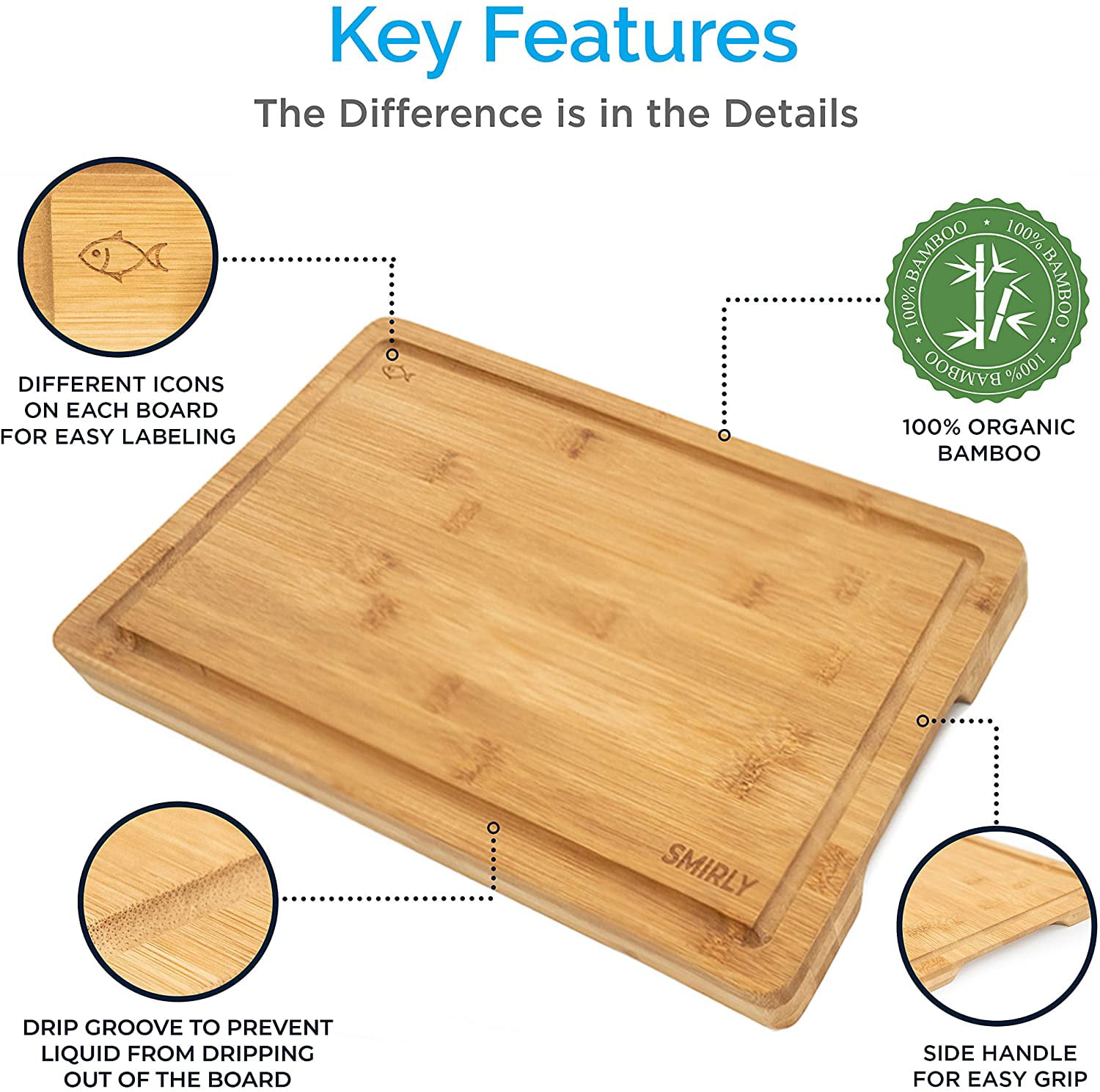 Allsum Bamboo Wood Cutting Board for Kitchen, 1 Thick Butcher Block, Cheese Charcuterie Board, with Side Handles and Juice Grooves, 16x11