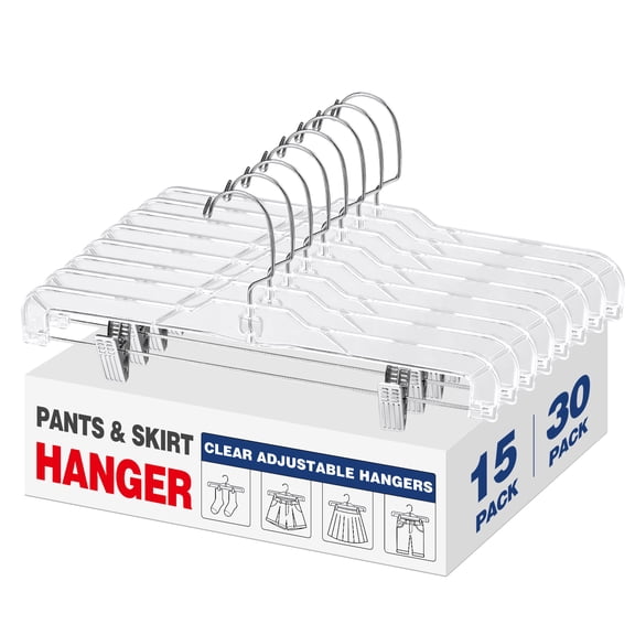 BagDream Clear Plastic Skirt Hangers with Clips, Pants Hangers 360-Rotating Swivel Hook, Clip Hangers for Pants, Trousers, Skirts, 15 Pack, 14 Inch