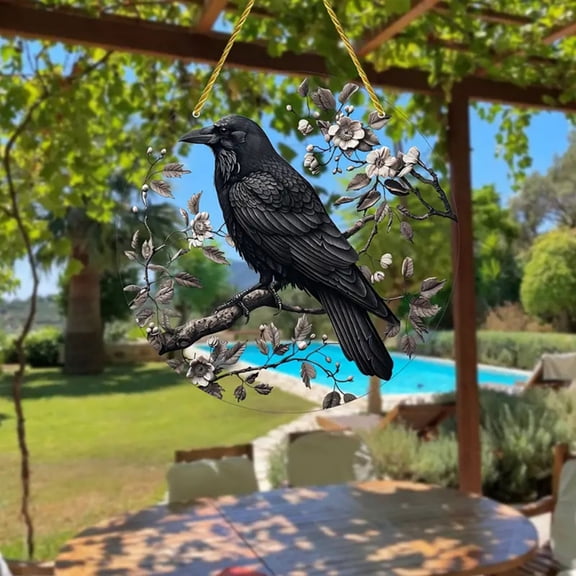 Summercome Raven Stained Glass Crow Suncatcher Gothic Window Hangings Black Bird Wall Art Gothic Spooky Ornament Horror Home Decor