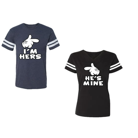 I'm Hers He's Mine Unisex Couple Matching Cotton Jersey style T-Shirt Contrasting stripes on sleeves (Men Navy / Women Black) (Men S / Women S)