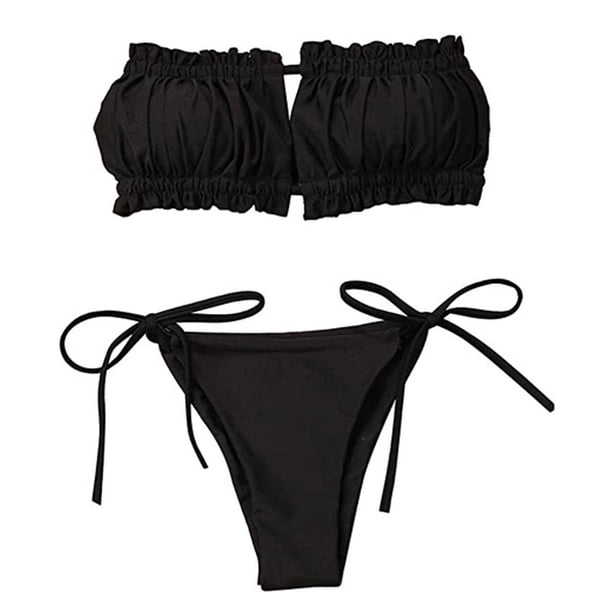 Bikini plisado sexy para mujer, traje de baño con tirantes con volantes y huecos, traje de baño con relleno y encaje de color puro