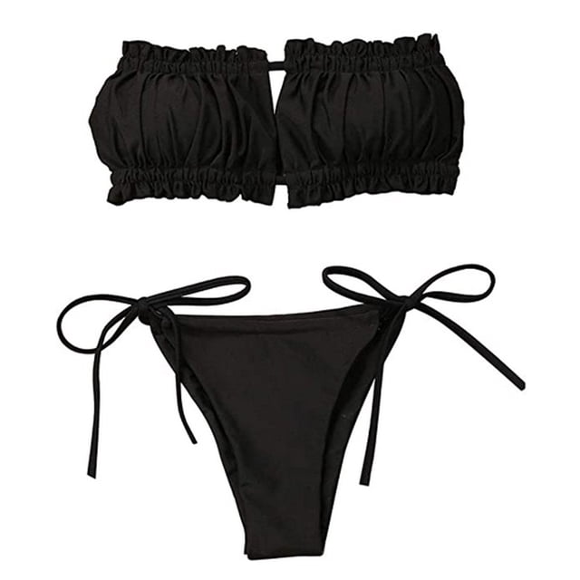 Bikini plisado sexy para mujer, traje de baño con tirantes con volantes y huecos, traje de baño con relleno y encaje de color puro