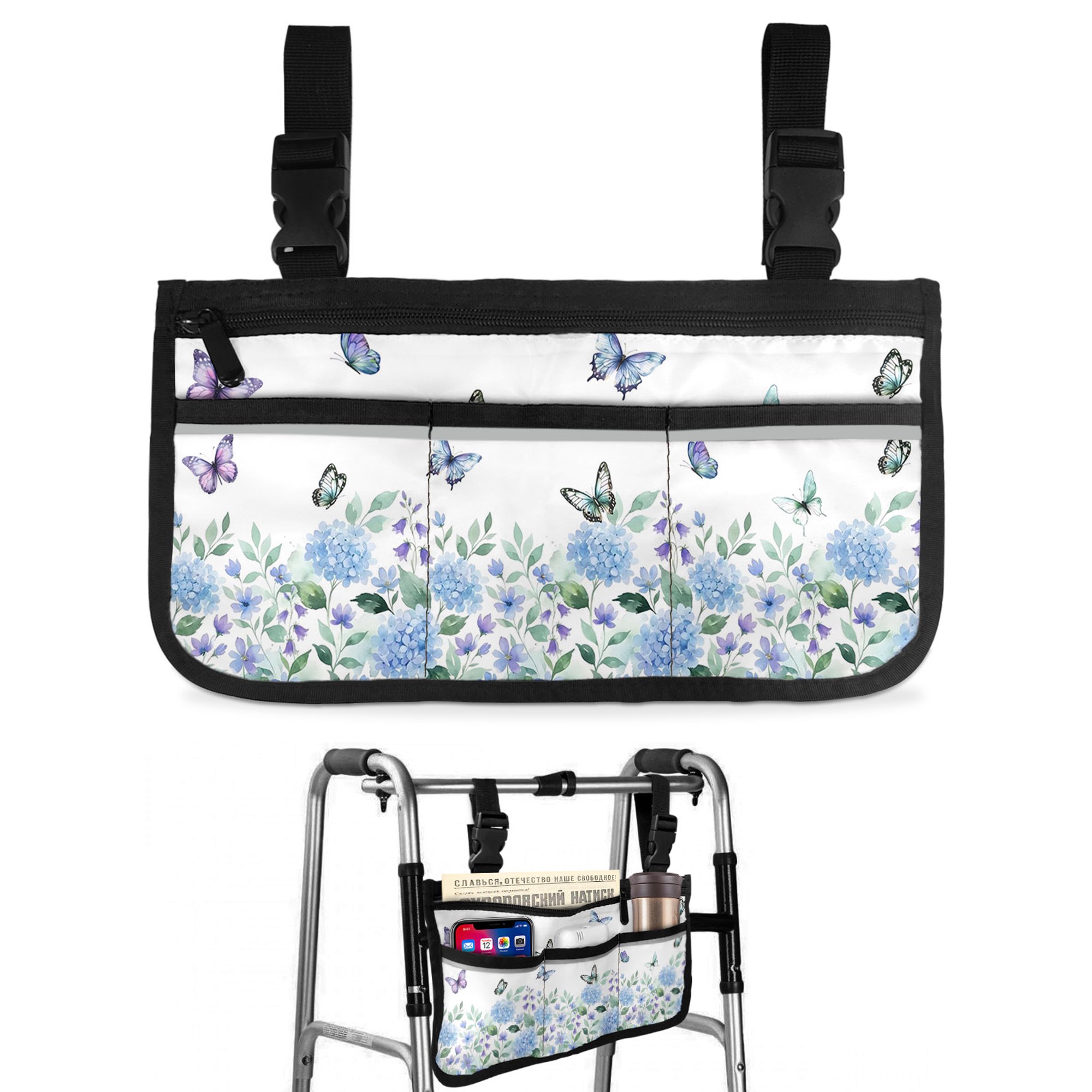 Floral Butterfly Wheelchair Side Bag with Cup Holder, Watercolor Summer Blue Purple Floral Butterfly Wheelchair Armrest Bag Storage Pouch Adults, Seniors for Walkers, Rollator, Scooter