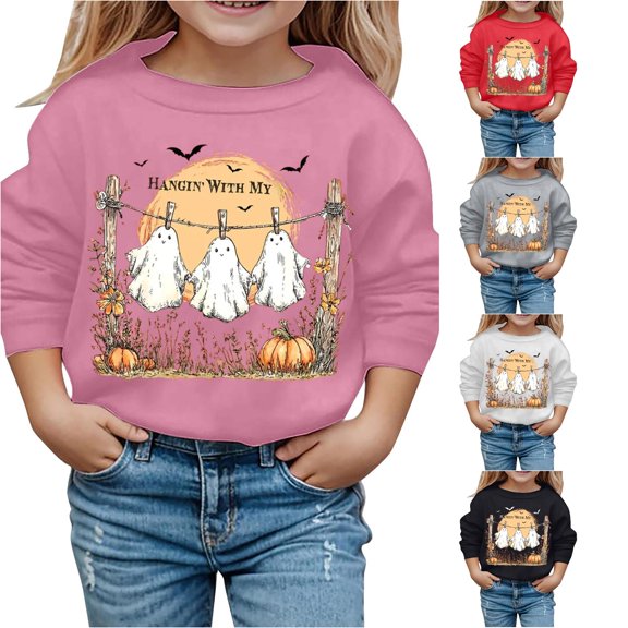 Krdevn Kids Vintage Hanging Ghost Pumpkin Bat Graphic Crewneck Sweatshirt Long Sleeve Casual Pullover Top for Halloween Holiday Outfit Pink,5-6 Years