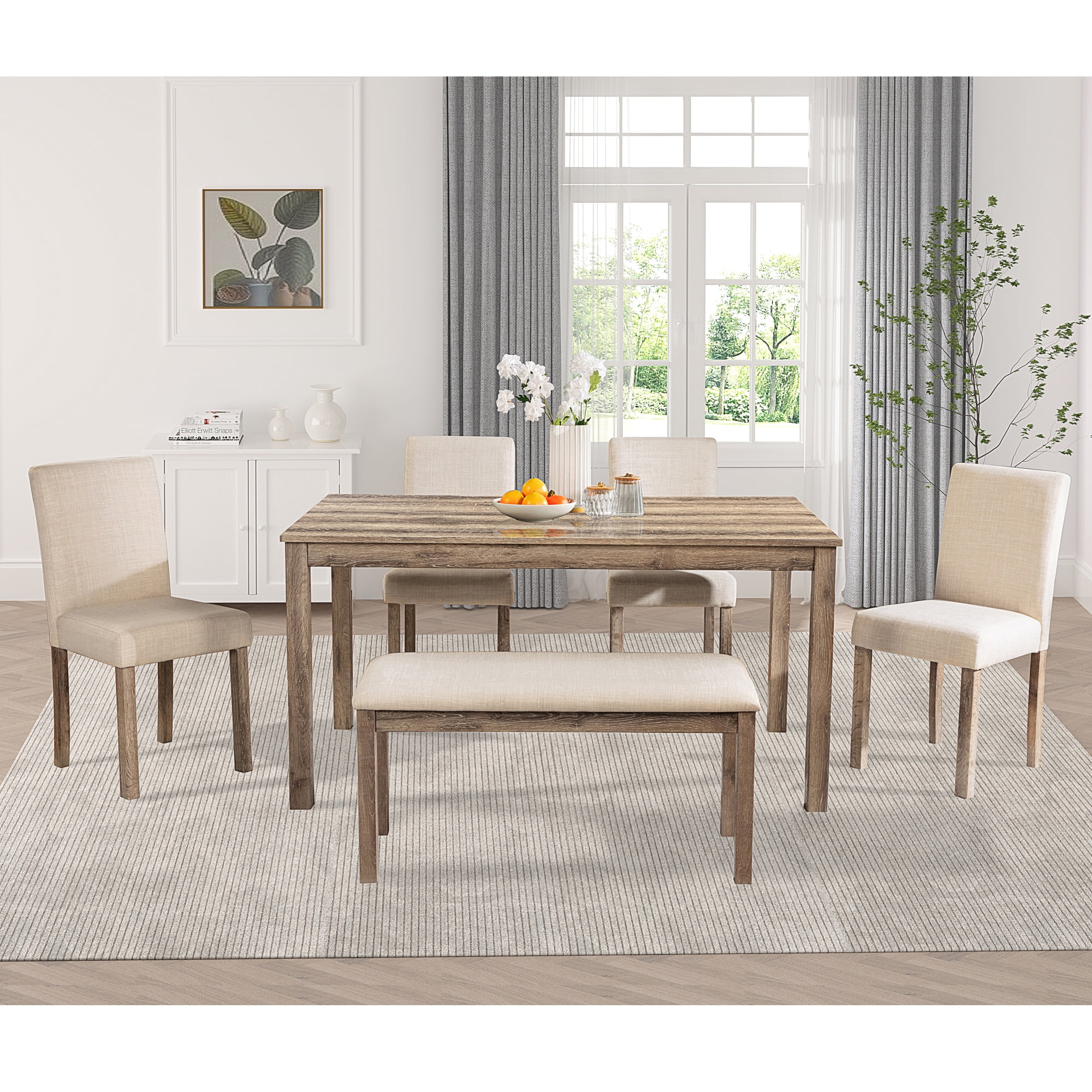 BSHTI 58.5" Wood Modern 6-Piece Dining Table Set with Fabric Upholstered Chairs, Bench, Rustic Design for Kitchen/Dining Room(Brown)