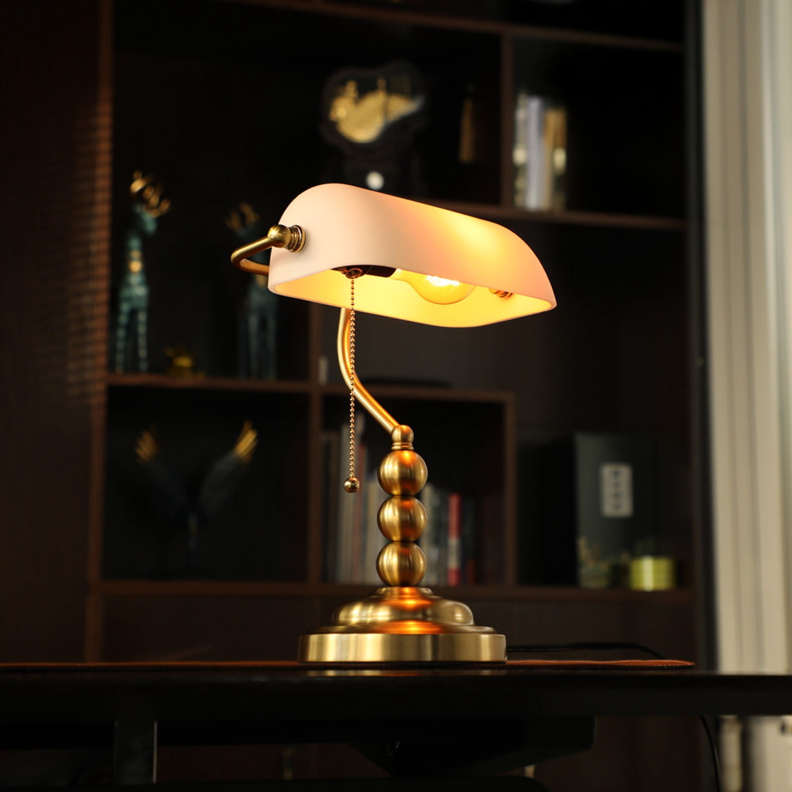 2 Pack Antique Bankers Desk Lamp, Ivory White Glass Table Lamps, E26 Base Traditional Lamp with Pull Chain, Library Lamps for Home Office