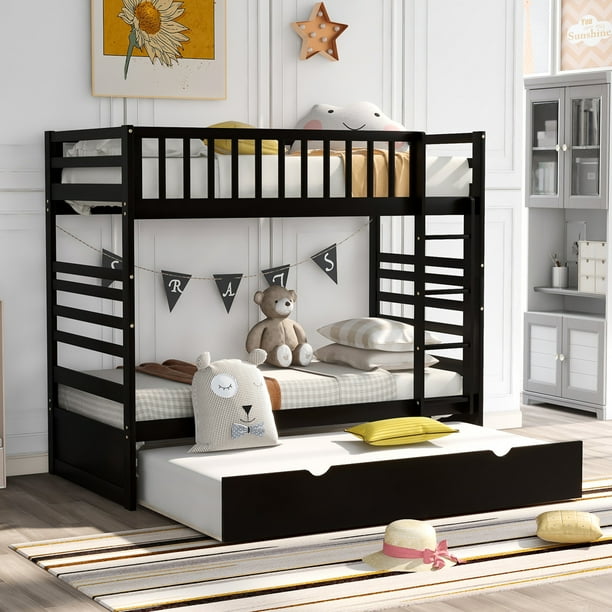 Twin Bunk Bed with Trundle, Solid Wood Twin Over Twin Bunk Bed with