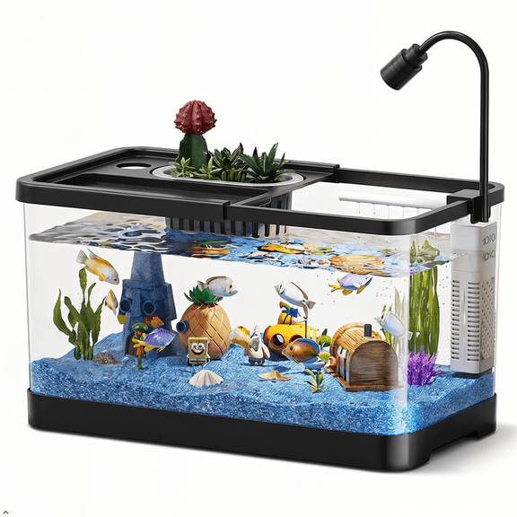 DOCINPET Fish Tank, 4 Gallon Fish Aquarium Start Kits, 10PC Fish Tank Starter Kit with Aquarium Light & Filter, Betta Fish Tank with Aquarium Decorations