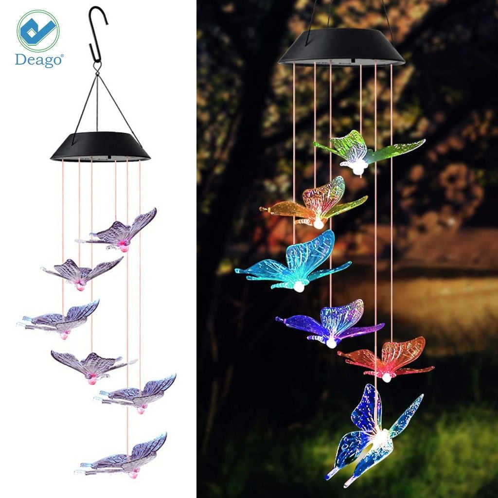 Deago 29" Solar Powered Changing Color Wind Chime Butterfly LED Lights