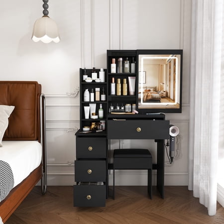 Leavader Black Vanity Desk,featuring 3 modes of LED lighting with adjustable brightness,with 4 drawers and multiple open storage shelves,a hair dryer holder and power socket,a dressing chair