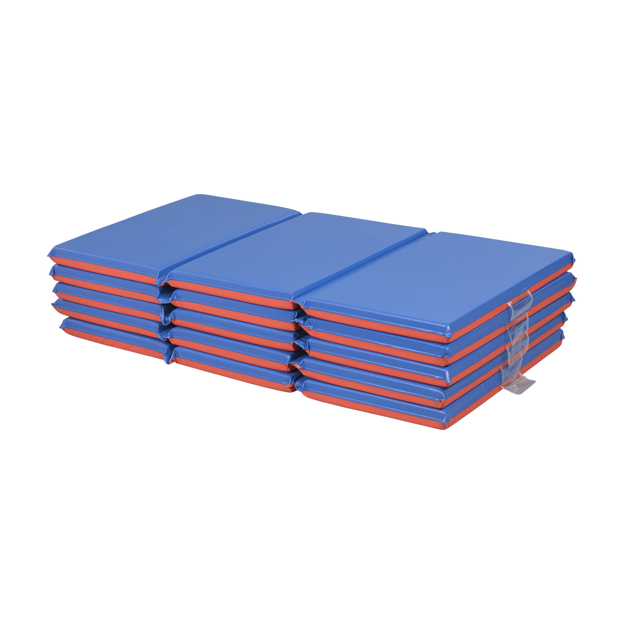 ECR4Kids Premium Folding Rest Time Mat with Name Tag, 3-Section, Sleeping Pad, Blue/Red, 5-Pack