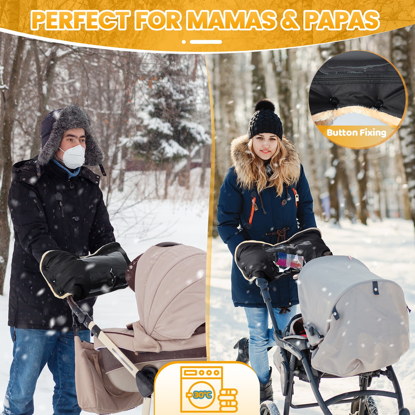 Orzbow Faux Sheepskin Stroller Gloves with Phone Pockets, Winter Extra Thick Mittens for Baby Stroller, Cozy & Warm, Anti-freeze Hand Muff Easily Attaches to Stroller for Parents Caregivers, Black